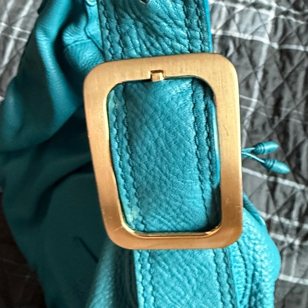 Cole Haan Rouched Large Hobo Turquoise Peacock Blue Pebbled Leather